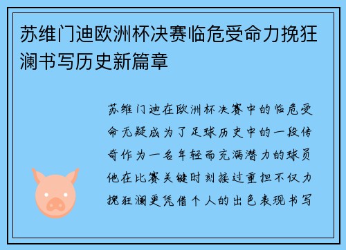 苏维门迪欧洲杯决赛临危受命力挽狂澜书写历史新篇章